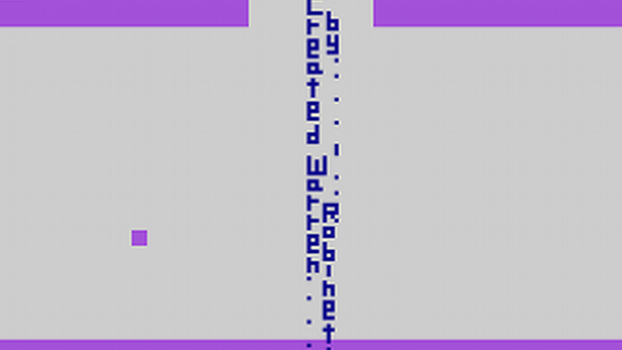 Image du (vieux) jeu Adventure sur Atari 2600. Une pièce secrète, trés difficile à trouver, où est écrit Created by Walter Robinnett.